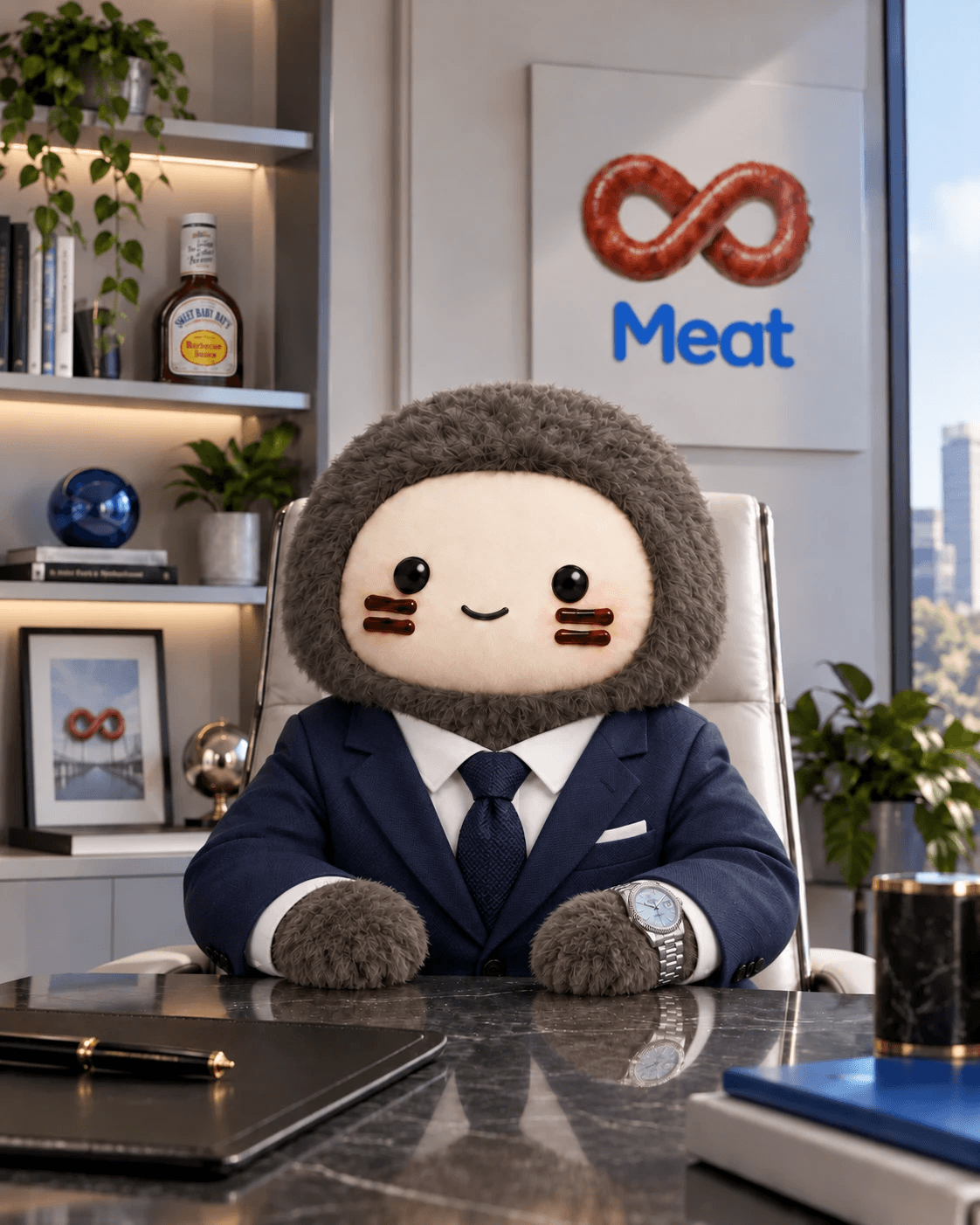 Muse, the Meat mascot, seated at an executive desk in a navy suit and wristwatch, with a Sweet Baby Ray's bottle on the shelf behind
