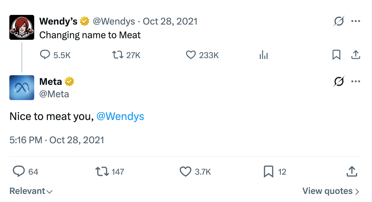 Screenshot of the October 28, 2021 thread: Wendy's posts 'Changing name to Meat' and Meta replies 'Nice to meat you, @Wendys'