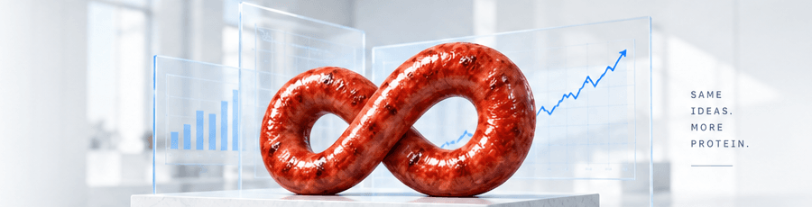 Infinity sausage display with holographic charts and Same ideas. More protein.